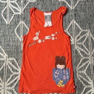 Vintage Y2K Harajuku Lovers Orange Tank Top with Geisha girl XL